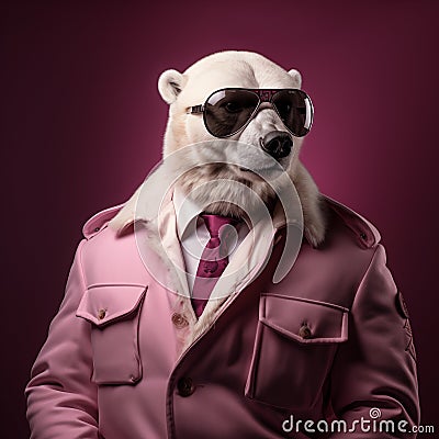 a polar bear in a pink leather jacket with shades and glasses Cartoon Illustration