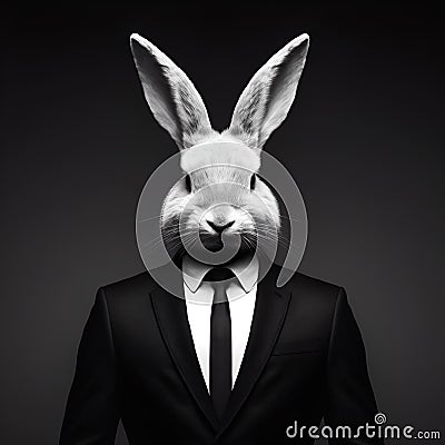 AI generated illustration of a portrait of a rabbit wearing a formal suit in grayscale Cartoon Illustration