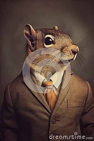 AI generated illustration of a portrait of a squirrel in a brown suit Cartoon Illustration