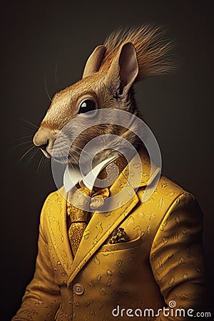 AI generated illustration of a portrait of a squirrel in a yellow suit Cartoon Illustration
