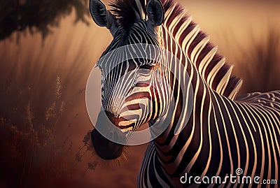AI generated illustration of a portrait of zebra with balck and white lines. Cartoon Illustration