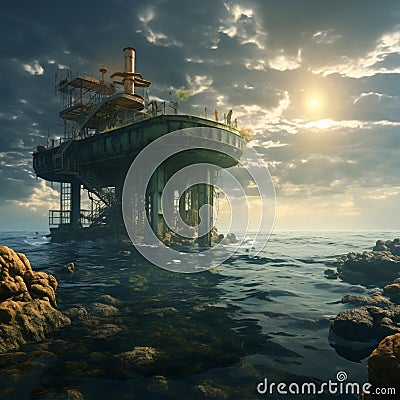 AI generated illustration of a post-apocalyptic building on a rocky cliff in a churning ocean Cartoon Illustration