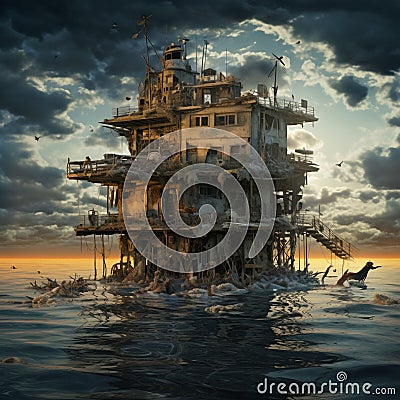 AI generated illustration of a post-apocalyptic building on a rocky cliff in a churning ocean Cartoon Illustration