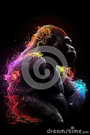 AI generated illustration of a powerful gorilla with a dramatic colorful foggy backdrop Cartoon Illustration