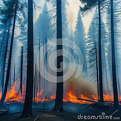 A powerful photograph of a forest engulfed in thick smoke from emphasizing the urgent need for forest fire prevention and Cartoon Illustration