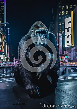 AI generated illustration of a silverback gorilla illuminated by lights of a city in the background Cartoon Illustration