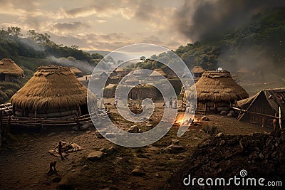 Prehistoric human settlement with people living there, AI generated illustration Cartoon Illustration