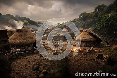 Prehistoric human settlement with people living there, AI generated illustration Cartoon Illustration