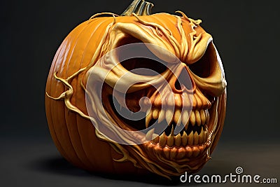 AI generated illustration of a pumpkin with a scary face and an open mouth on a black background Cartoon Illustration