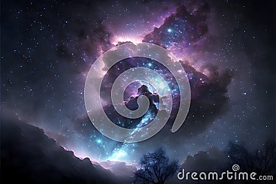 AI-generated illustration of the purple clouds in the magical starry sky Cartoon Illustration