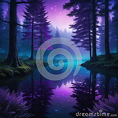 A purple fantasy forest with a reflective magical and a sparkling Made With Generative AI illustration Cartoon Illustration