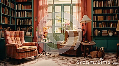 AI generated illustration of a reading room with cozy sofas and bookshelves with books Cartoon Illustration