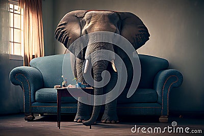 AI generated illustration of realistic elephant sitting on sofa Cartoon Illustration