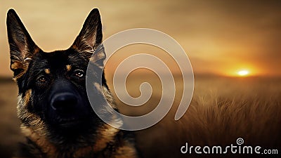 AI generated illustration of realistic German Shepherd dog in a field at sunset Cartoon Illustration