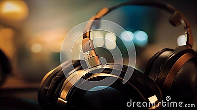 AI generated illustration of realistic headphones on bokeh background Cartoon Illustration