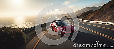 AI generated illustration of a red automobile driving along a coastal road Cartoon Illustration