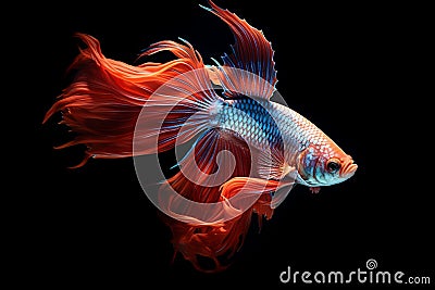 AI-generated illustration of a red and blue Siamese fighting fish against a black background Cartoon Illustration