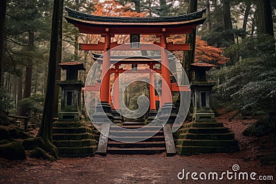 AI generated illustration of red torii gates in a forest in Japan Cartoon Illustration