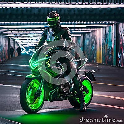 AI-generated illustration of a rider and a motorcycle with a green-glowing Cartoon Illustration