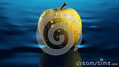AI generated illustration of a ripe, juicy yellow apple covered in water droplets on a blue surface Cartoon Illustration