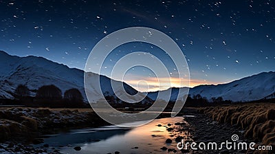 AI generated illustration of a river in a meadow in snowy mountains under the starry night sky Cartoon Illustration