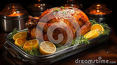 AI generated illustration of A roasted golden-brown turkey on a white plate Cartoon Illustration