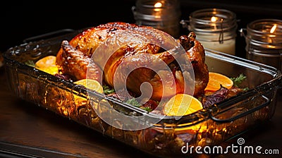 AI generated illustration of A roasted golden-brown turkey on a white plate Cartoon Illustration