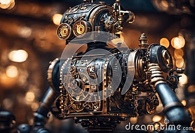 AI generated illustration of a robot composed with various gears in steampunk style Cartoon Illustration