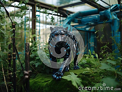 AI generated illustration of a robot panther inside a Zoo cage Cartoon Illustration