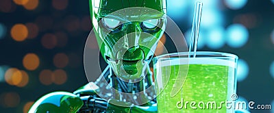 AI generated illustration of a robotic figure with an illuminated glass of an alcoholic cocktail Cartoon Illustration