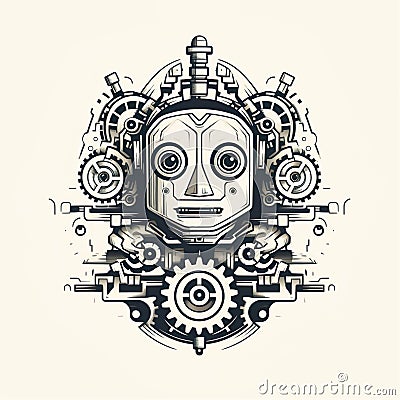 AI generated illustration of a robotic logo with a futuristic face and intricate mechanical parts Cartoon Illustration
