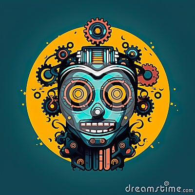 AI generated illustration of a robotic logo with a futuristic face and intricate mechanical parts Cartoon Illustration