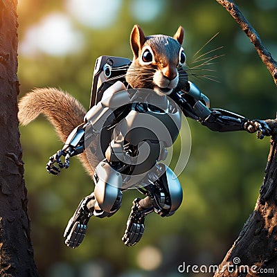 AI generated illustration of a robotic squirrel in a lush green forest setting Cartoon Illustration