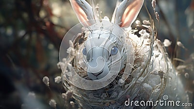 AI generated illustration of a robotically-crafted rabbit covered with vibrant flowers Cartoon Illustration