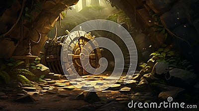 AI generated illustration of a rocky cave in the forest with a fantasy gear Cartoon Illustration