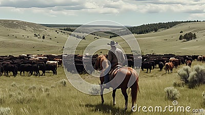AI generated illustration of a rodeo cowboy on horseback guides a cattle through a green meadow Cartoon Illustration