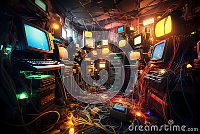 AI generated illustration of a room filled with a variety of vintage computers and wires Cartoon Illustration