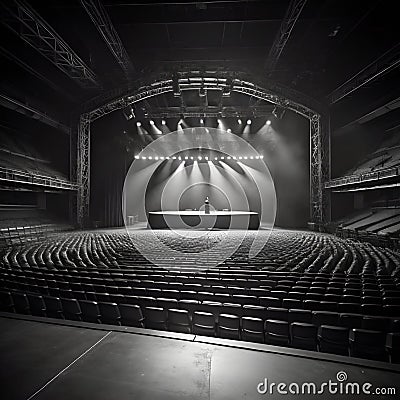 AI-generated illustration of rows of empty seats on a stage with dramatic light beams Cartoon Illustration