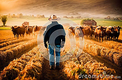 A rugged cowboy standing overlooking a herd of cattle grazing in a lush grassy field Cartoon Illustration