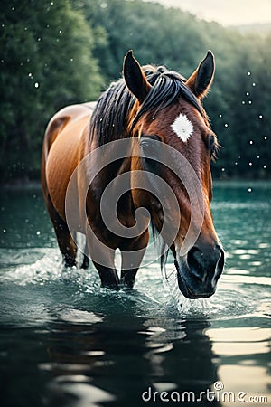 AI generated illustration of s beautiful brown horse standing in the shallows of a tranquil river Cartoon Illustration