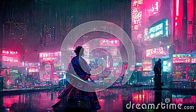 AI generated illustration of a samurai in neo-Tokyo with neon lights Cartoon Illustration