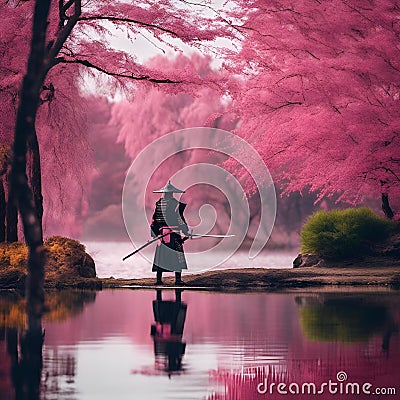 samurai looking out over a pond at pink trees in blossom Cartoon Illustration