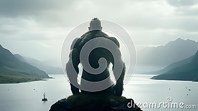 AI generated illustration of a Scandinavian fjord with a mythical giant troll from mythology Cartoon Illustration