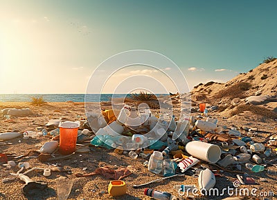 AI generated illustration of a scenic beachside landscape with a pile of trash Cartoon Illustration