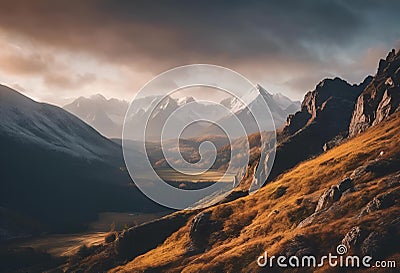 AI generated illustration of a scenic hilltop overlook with distant mountain ranges Cartoon Illustration