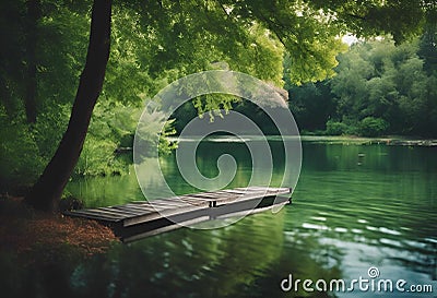 AI generated illustration of a scenic lakeside dock nestled amidst lush forest Cartoon Illustration