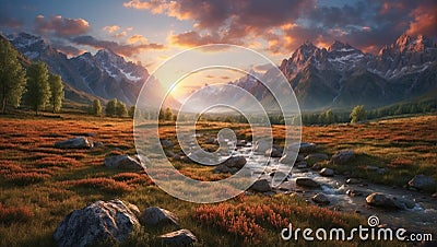 AI generated illustration of a scenic outdoor landscape featuring a mountain range with large rocks Cartoon Illustration