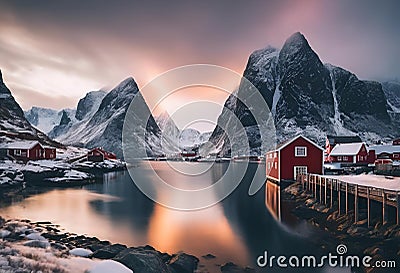 AI generated illustration of a scenic rural landscape featuring a cluster of red fishing huts Cartoon Illustration
