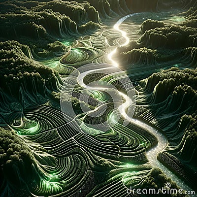 AI generated illustration of A scenic shot of a lush valley with a sparkling river Cartoon Illustration