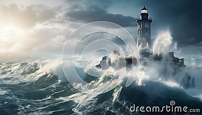 AI generated illustration of a lighthouse surrounded by crashing waves on a beautiful oceanic water Cartoon Illustration